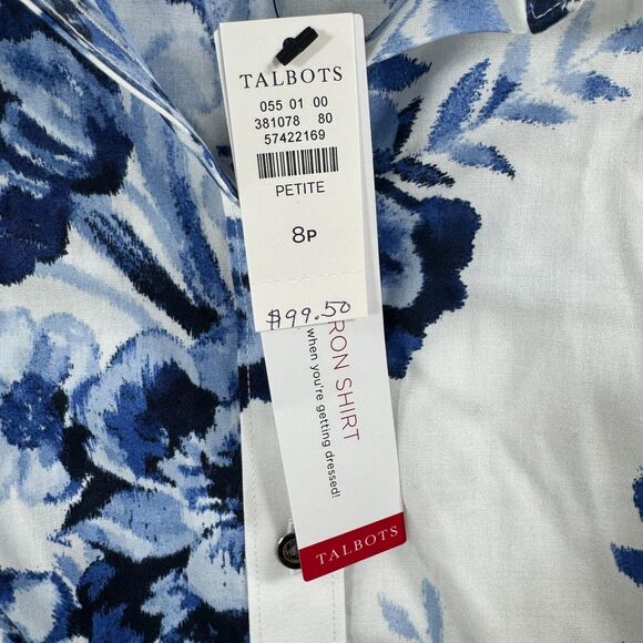 Talbots Non-Iron Blouse Women’s 8P White Blue Floral Button Down NWT - Picture 4 of 8